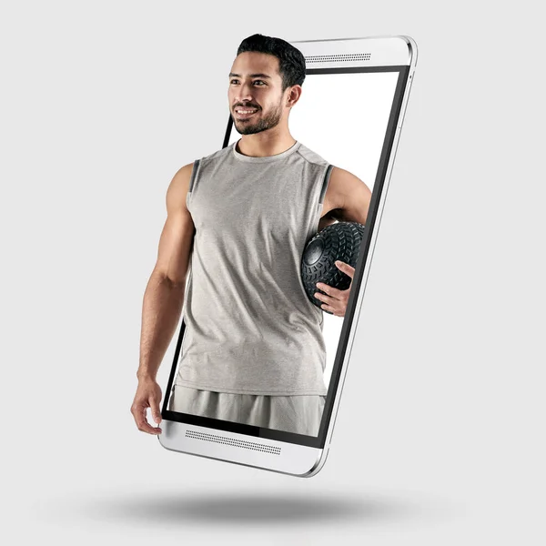 Teléfono Fitness Deportes Con Una Aplicación Entrenamiento Estudio Sobre Fondo — Foto de Stock
