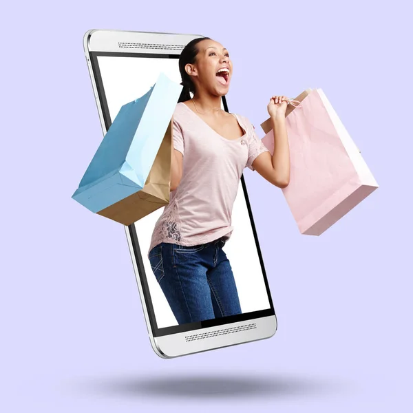 Woman Phone Screen Mockup Online Shopping Ecommerce Celebration Sale Studio — Stock Photo, Image