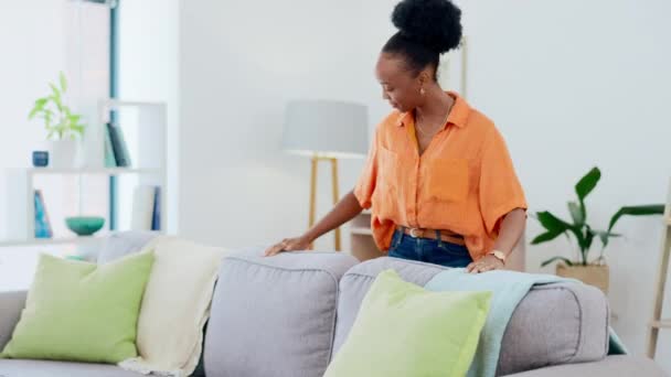 Limpieza Almohada Relax Con Mujer Negra Sofá Para Tareas Domésticas — Vídeo de stock