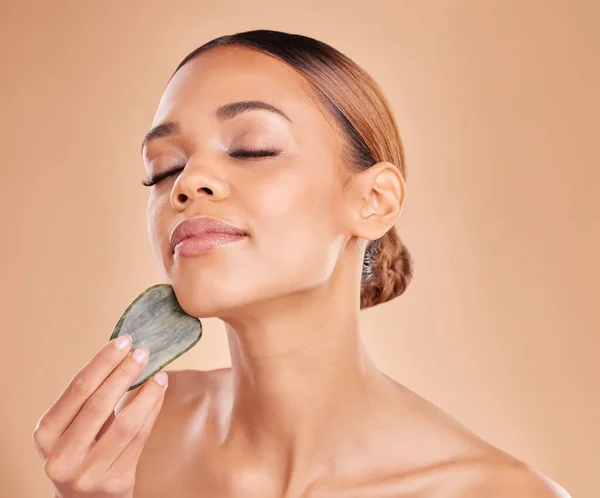 Beauty Facial Massage Gua Sha Woman Studio Skincare Cosmetic Facelift — Stock Photo, Image