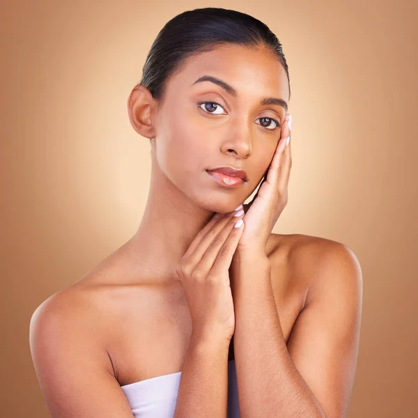 Skincare, self care beauty and woman portrait in a studio for wellness and dermatology. Cosmetics, model and facial glow of a young person with makeup and healthy face shine from cosmetology.