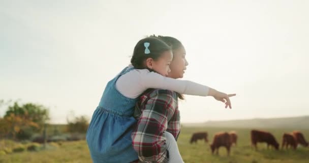 農業や農業に従事しながら 女の子と母親と牛を見て家族 農場や牛 緑の草原に女性と娘を持つ持続可能性 愛と農家や草を持つフィールド — ストック動画