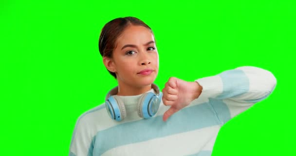 Великі Пальці Вниз Зелений Екран Обличчя Джину Дівчини Навушниками Голосу — стокове відео