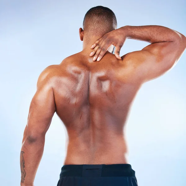 Zwarte Man Nekpijn Letsel Met Lichaamsbeweging Gezondheid Medisch Probleem Pijnlijk — Stockfoto