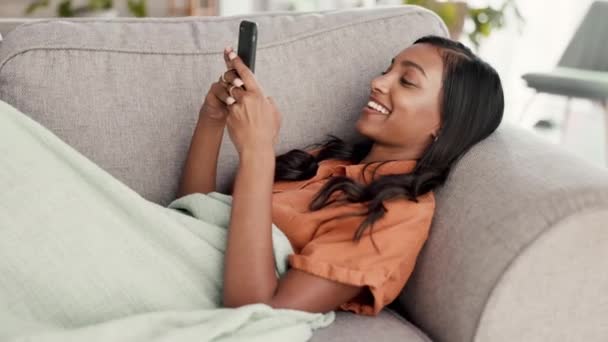 Woman Phone Chatting Lying Living Room Sofa Communication Texting Social — Stock Video