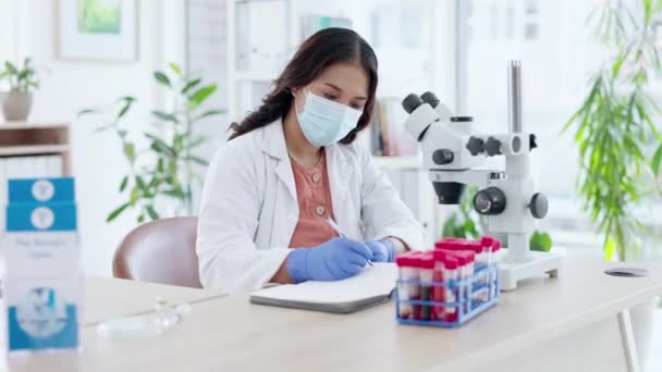 Topeng Wajah Penelitian Dan Ilmuwan Wanita Kantor Tes Darah Pemeriksaan — Stok Video