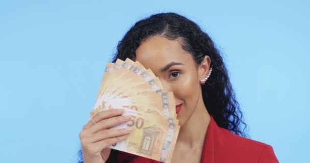 Портрет Ділової Жінки Грошима Багатством Євро Макеті Заощадження Прибутку Або — стокове відео