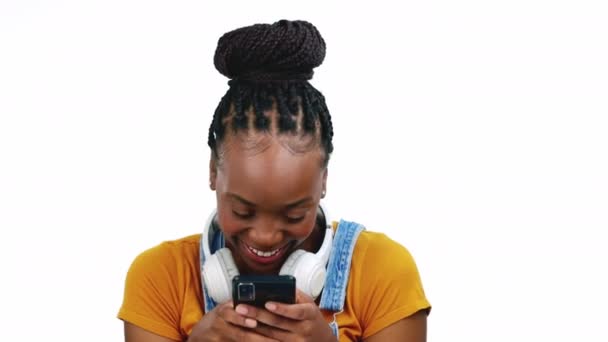 Black Woman Studio Texting Phone Laughing Flirt Online Dating Social — Stock Video