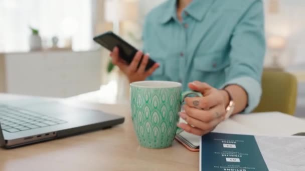 Remote Work Coffee Woman Digital Employee Doing Freelance Schedule Bedroom — Stock Video