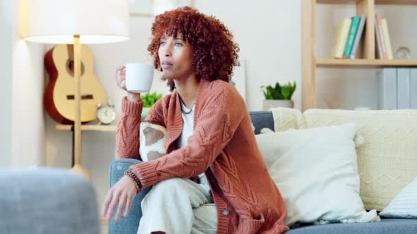 Thinking Calm Woman Enjoying Drinking Coffee Tea Cozy Beverage While — Stockvideo
