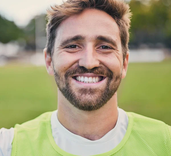 stock image Rugby, field and portrait of man with smile, confidence and happiness in winning game. Fitness, sports and cropped face of happy player ready for match, workout or competition on grass at stadium