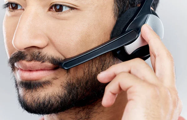 Man Face Headset Call Center Telemarketing Online Customer Service Gray — Stock Photo, Image