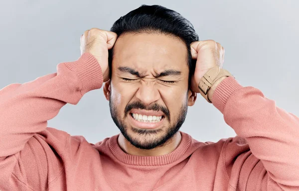 Man Face Frustrated Stress Headache Anxiety Mental Health Isolated Studio — Stock Photo, Image