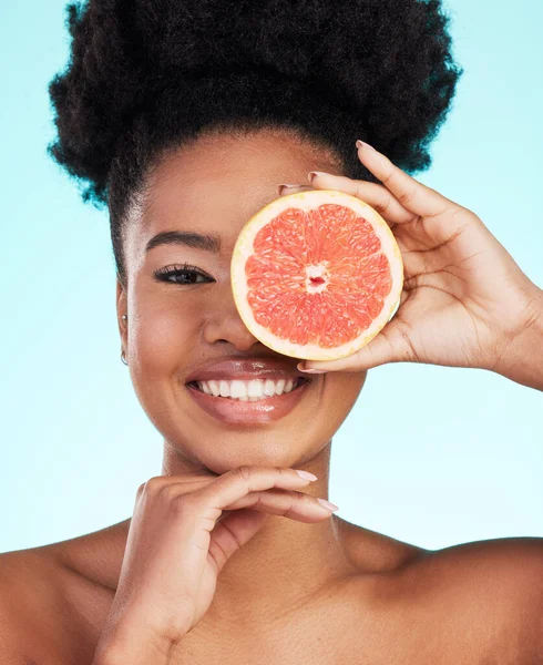 Zwarte Vrouw Gezicht Grapefruit Voor Huidverzorging Schoonheid Vitamine Tegen Een — Stockfoto