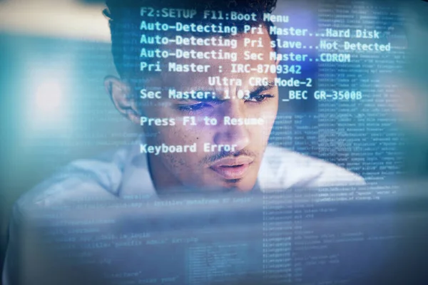 Computer hologram, night and man programming software server overlay or future cybersecurity system. Face reading virtual script, database programmer and developer problem solving cyber security code.