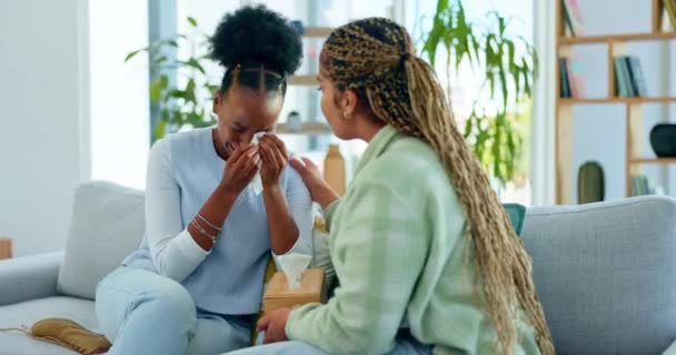 Femeia Neagră Tristă Prietenii Plâng Canapea Sprijin Îngrijire Sau Înțelegere — Videoclip de stoc