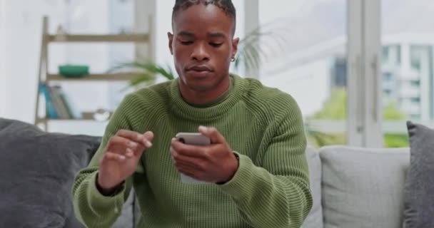 Black Man Phone Smile Relaxing Sofa Reading Good News Social — Stock Video