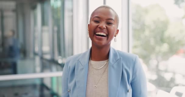 オフィス 笑顔とマーケティング代理店で顔 ビジネスと黒の女性 自信を持ってアフリカ系アメリカ人女性 肖像画や起業家 会社とナイジェリアのCeoのためのプロジェクトマネージャーと広告 — ストック動画