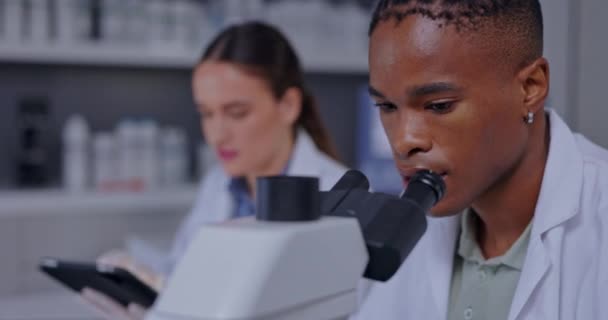 Μαύρος Άνδρας Μικροσκόπιο Ανάλυσης Και Τεστ Στο Εργαστήριο Για Αποτελέσματα — Αρχείο Βίντεο