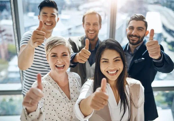 Positive to make things work. Portrait of a group of confident young businesspeople standing together while showing thumbs up inside of the office during the day
