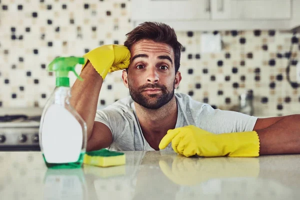Housework Just Women Handsome Young Man Cleaning His Home — Stock Photo, Image