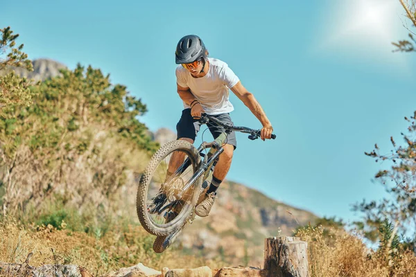 Cycling Jumping Man Bicycle Countryside Fitness Stunt Freedom Blue Sky — Stock Photo, Image