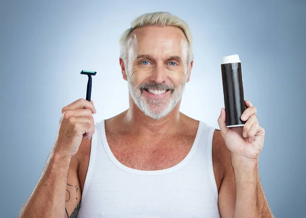 Homem Sênior Navalha Creme Barbear Para Higiene Cuidados Com Pele — Fotografia de Stock