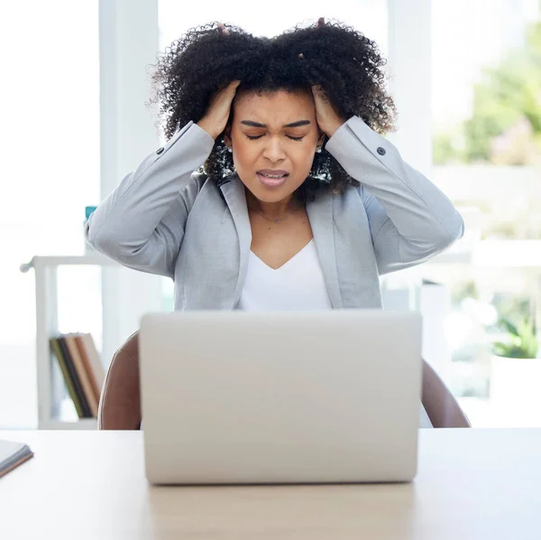 Woman, laptop or pulling hair in stress for financial planning failure, crisis or investment fraud. Frustration, annoyed or anxiety for business worker on technology, finance mistake or phishing scam.