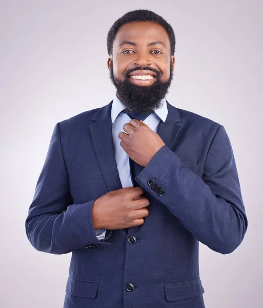 stock image Portrait, business and happy man fixing tie in studio of professional manager, leadership smile and gentleman. Corporate black male adjusting suit of CEO, confidence and happiness on white background.