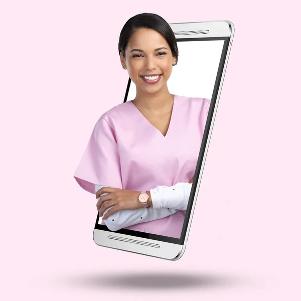 3Dテレヘルス看護師 肖像画とピンクの背景によってアプリのための幸せと電話とオンライン 健康サービスのためのインターネット上の医療女性 顔や笑顔 アドバイスやコミュニケーション — ストック写真