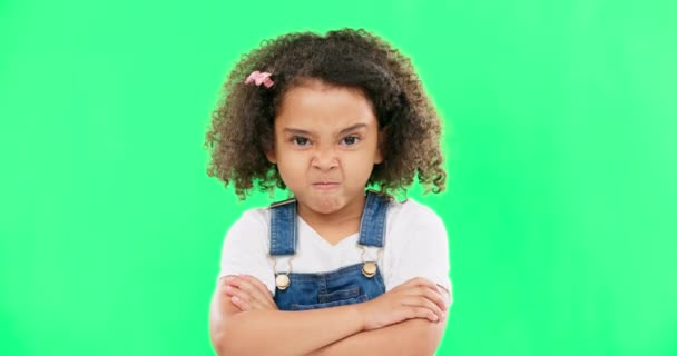 Child Angry Face Arms Crossed Green Screen Attitude Problem Frustrated — Stock Video