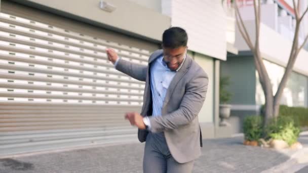 Ondernemer Danser Man Outdoor Succes Feest Voor Promotie Winstgroei Geluk — Stockvideo