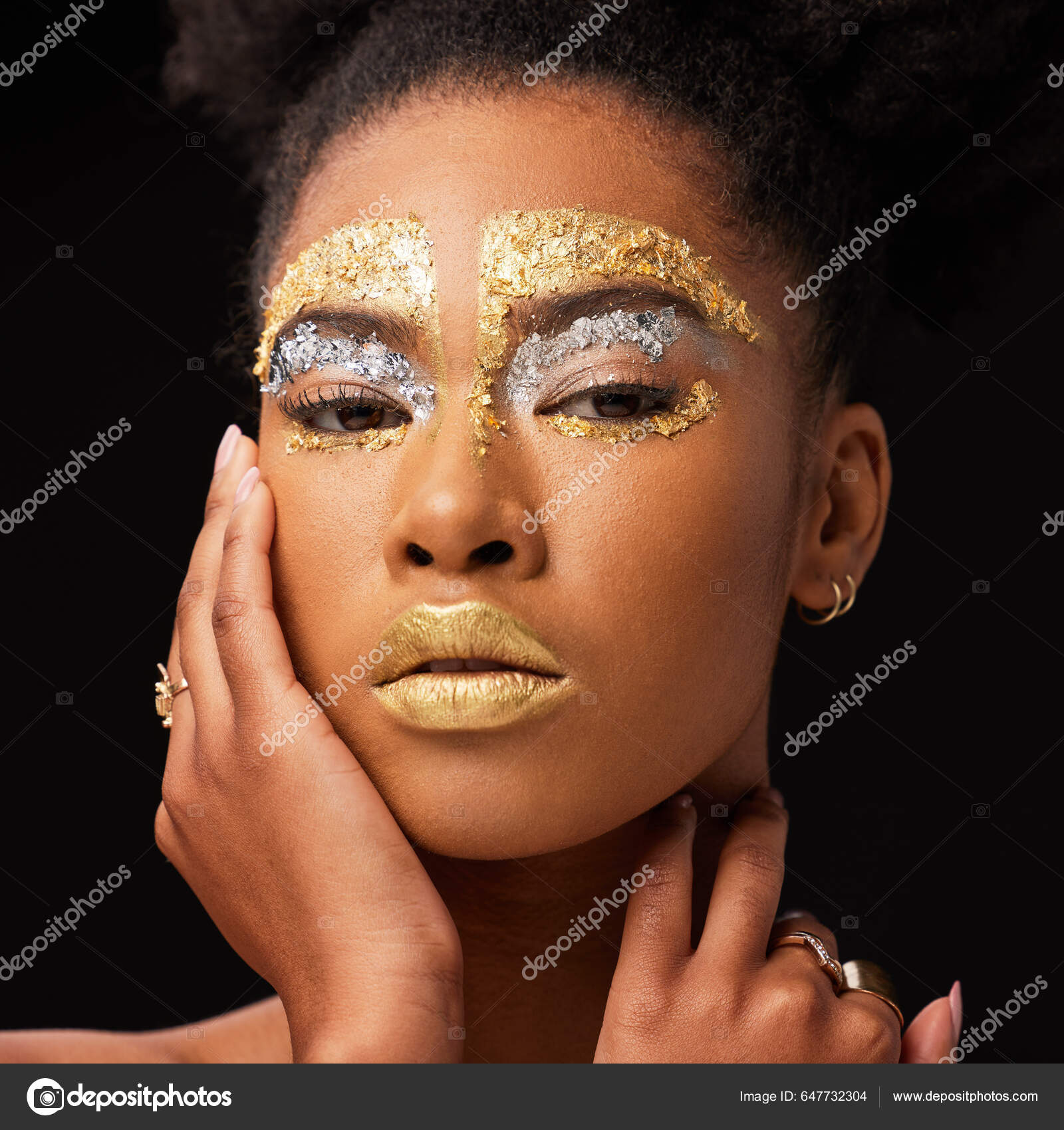 Beauty Gold Makeup Portrait Black Woman Studio Luxury Cosmetics African —  Stock Photo © PeopleImages.com #647732304, image size:1600x1700