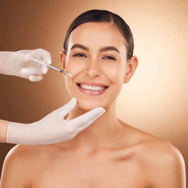 Agulha Cirurgia Plástica Retrato Facial Mulher Feliz Por Mudança Facial — Fotografia de Stock