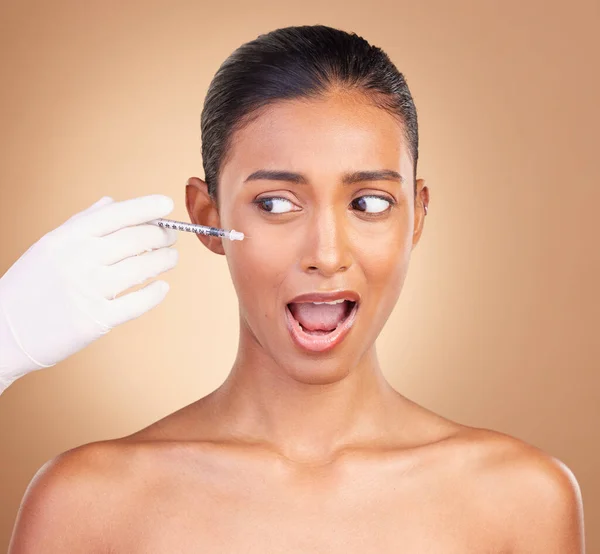 Woman Needle Face Studio Fear Pain Cosmetics Surgery Brown Background — Stock Photo, Image