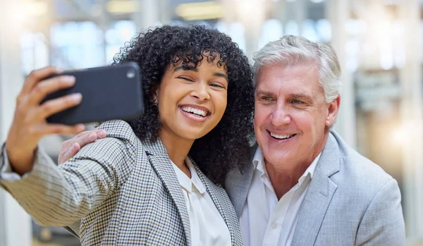 Selfie, friends and employees with success, smile and executives with new project, development and profile picture for website. Coworkers, black woman or mature man with happiness, business or career.