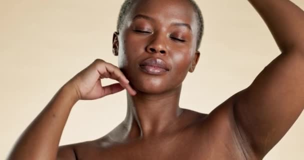 Happy Beauty Black Woman Hands Face Facial Treatment Wellness Cosmetics — Stock Video
