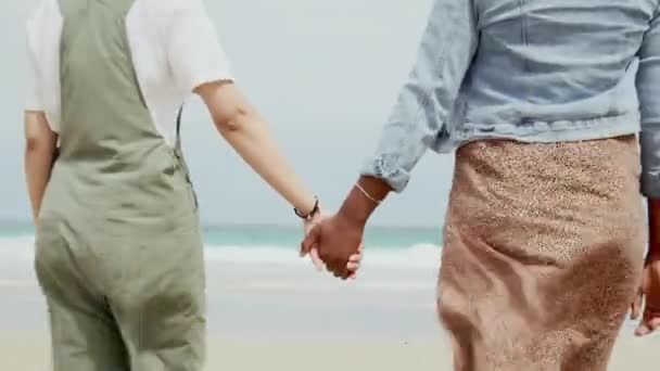 Mãos Dadas Caminhadas Pelo Mar Alguns Amigos Praia Com Amor — Vídeo de Stock