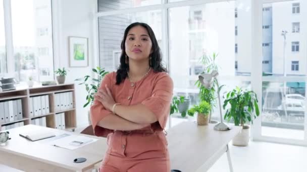 Mujer Asiática Cara Brazos Cruzados Confianza Empresarial Liderazgo Dirección Corporativa — Vídeos de Stock