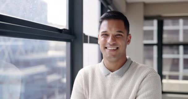 Homme Affaires Leadership Portrait Heureux Travailleur Fenêtre Pour Gestion Confiance — Video