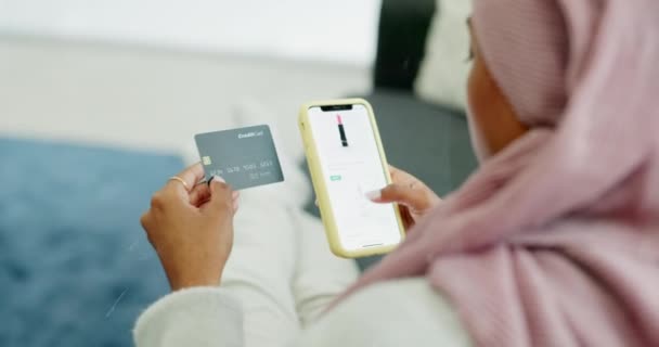 Phone Shopping Credit Card Hands Muslim Woman Banking Paying Buying — Stock Video