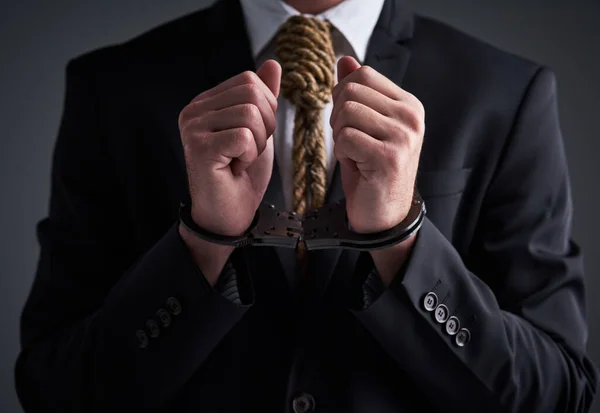 Crime Doesnt Pay Studio Shot Handcuffed Businessman Noose Tied His — Stock Photo, Image