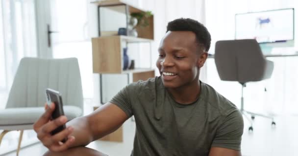 Black Man Video Call Home Floor Social Media Influencer Content — Stock Video