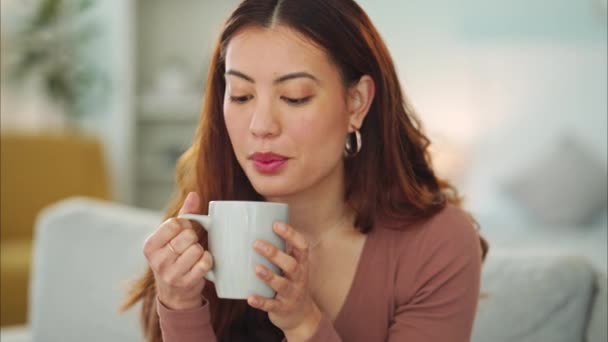 Kávészünet Egy Kanapén Eszpresszóval Cappuccinóval Vagy Forró Csokis Itallal Nyugodt — Stock videók