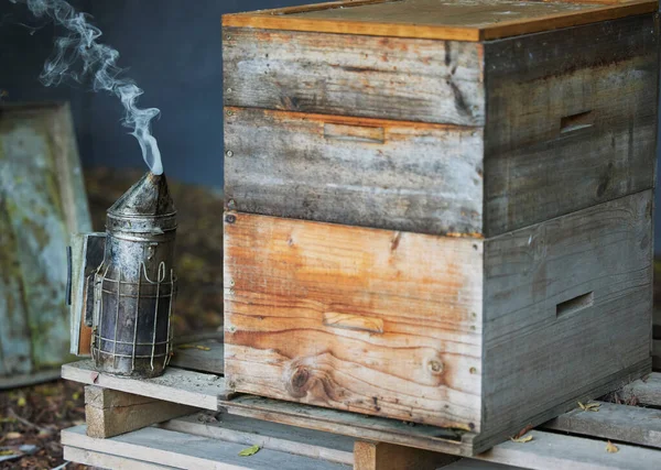 持続可能な農業 農村環境自然蜂蜜農場の木製の箱 煙や養蜂装置 食品回収用の喫煙用具 ハニカム容器又はミツバチ生産管理 — ストック写真