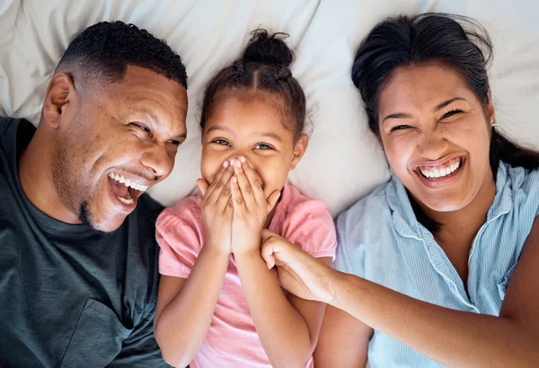 Love Top View Portrait Family Bed Laughing Smiling Having Fun — Stock Photo, Image