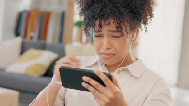 Sad Unhappy Crying Woman Watching Movie Phone Earphones Upset Listening — Vídeos de Stock