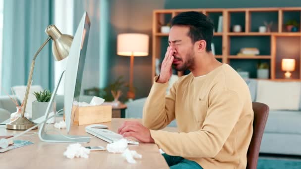Sick Specialist Suffering Cold Flu Blowing His Nose While Working — Vídeos de Stock