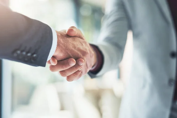 Merging Success Two Unrecognizable Businessmen Shaking Hands Making Deal Office —  Fotos de Stock
