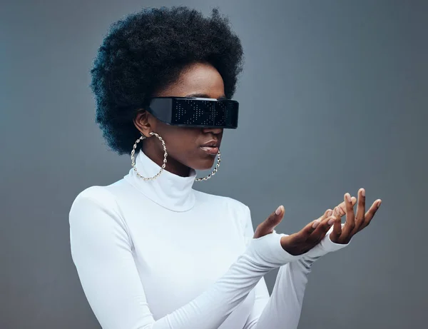 Futuristic Sunglasses Fashion Black Woman Gen Youth Stylish Trendy Designer — Stock Photo, Image